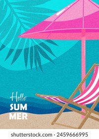 Hello summer. The beach, an umbrella from the sun, sea, palm. Abstract background, modern style.