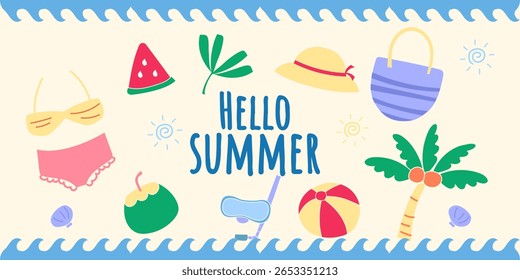 Hello Summer Beach Vacation Illustration.This is a simple flat design in doodle style. There are swimming suit, watermelon, ice cream, palm tree, sunglasses and more.