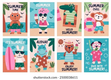Hello summer and beach vacation postcards with cute kawaii animals characters enjoying rest and fun. Set of travel poster backgrounds with happy wild creature mascot on holiday vector illustration
