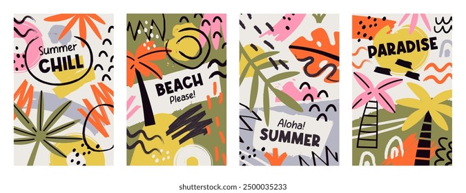 Hello summer beach vacation posters set with hand drawn grunge scribble brush stroke design. Seacoast relaxation, tropical resort activity and tourism advertising templates vector illustration