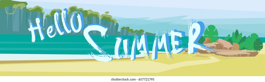 Hello Summer Beach Vacation Sand Tropical Seaside Ocean Mountain View Flat Vector Illustration