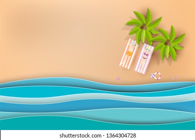 Hello Summer beach vector background with palm trees on the beach,Paper art style.