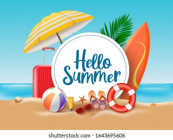 Hello Summer Beach Vector Concept Hello Stock Vector (Royalty Free ...