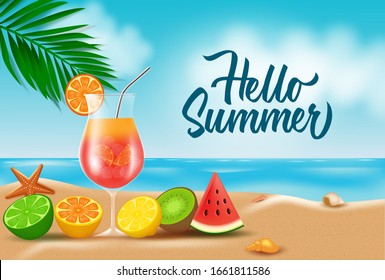 Hello summer beach vector design. Hello summer text with foods, drinks and tropical fruit elements of orange, water melon, lemon, kiwi and fresh juice in glass with sea shell in beach background. 