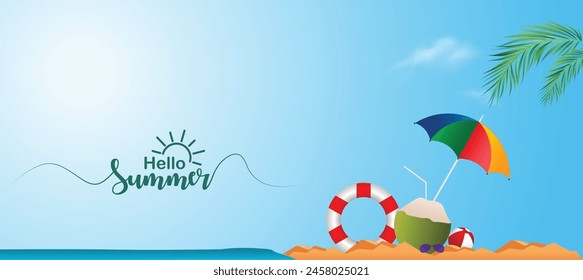 hello summer beach vector poster with beach ball green coconut umbrella on shiny summer background