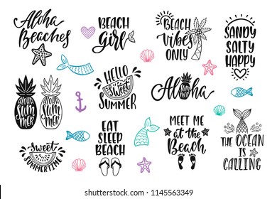 Hello Summer, Beach Vibes, Aloha. Set Of Inspirational Quotes. Modern Calligraphy Phrases With Hand Drawn Watermelon, Pineapple, Palm. Vector Lettering For Print, Tshirt, Poster. Typographic Design.