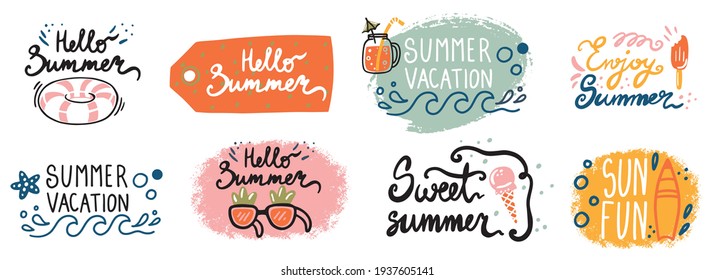 Hello summer, beach vibes, aloha. Set of inspirational quotes. Modern calligraphy phrases with hand drawn watermelon, pineapple, palm. Vector lettering for print, tshirt, poster. Typographic design.
