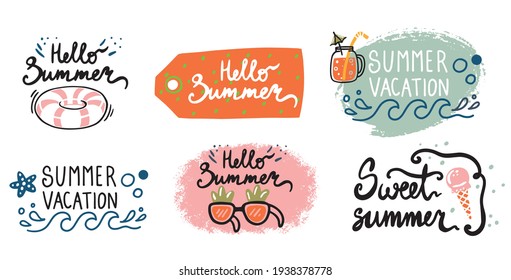 Hello summer, beach vibes, aloha. Set of inspirational quotes. Modern calligraphy phrases with hand drawn watermelon, pineapple, palm. Vector lettering for print, tshirt, poster. Typographic design.