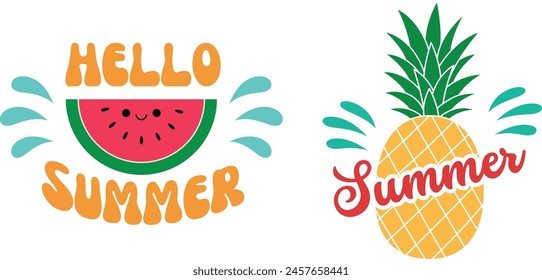 Hola verano, vibraciones de playa, aloha. Conjunto de citas inspiradoras. Frases de caligrafía moderna con sandía dibujada a mano, piña. Letras de Vector para impresión, camiseta, póster.