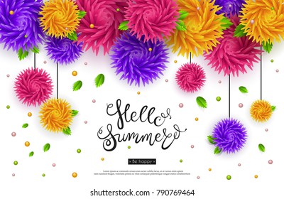 Hello summer. A beautiful banner with 3d graphics colors. Origami, paper, three-dimensional image. Vector illustration