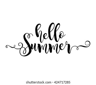Hello Summer. Beautiful greeting card poster with calligraphy black text word. Hand drawn design elements. Handwritten modern brush lettering on a white background isolated. Vector illustration EPS 10