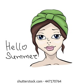 Hello summer. Beautiful portrait of a cheerful girl in scarf. Vector illustration