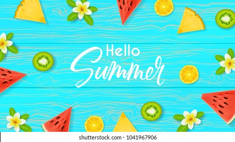 Hello Summer beautiful web banner. Top view on summer composition with realistic tropical fruit on wooden texture. Vector illustration. Concept of seasonal recreation in tropical countries.