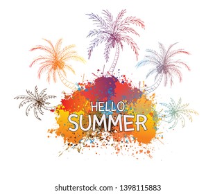 Hello summer and the beauty of the coconut tree with design paint ink splashes colorful on the white background, Vector illustration.