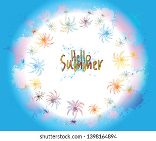 Hello summer and the beauty of the coconut tree with design paint ink splashes colorful, Vector illustration.