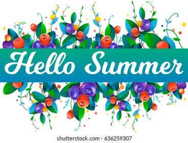 Hello summer. Berries card. Vector frame of blueberry, leaves and Hello Summer lettering on white background. Vector illustration in watercolor style.