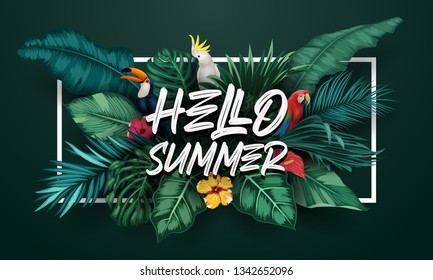 Hello Summer with Birds collection and tropical plants background