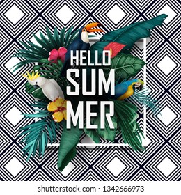 Hello Summer with Birds tropical plants on striped background
