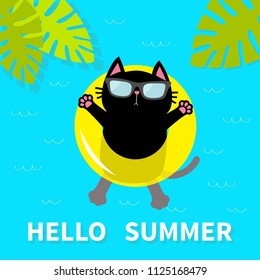 Hello Summer. Black cat floating on yellow air pool water circle. Sunglasses. Lifebuoy. Palm tree leaf. Cute cartoon relaxing character. Water waves. Flat design. Vector illustration