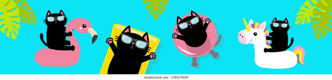 Hello Summer. Black cat floating on white flamingo unicorn pool float water circle, mattress. Swimming pool. Cute cartoon character. Top air view banner. Sunglasses. Palm tree leaf. Flat design Vector