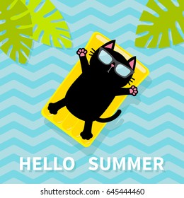 Hello Summer. Black cat floating on yellow air pool water mattress. Palm tree leaf. Cute cartoon relaxing character. Sunglasses. Water with waves. Flat design. Vector