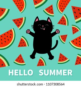 Hello Summer. Black cat jumping or making snow angel. Watermelon slice icon cut with seed Triangle fruit cut. Cute cartoon character. Pattern Green background. Flat design. Vector illustration.
