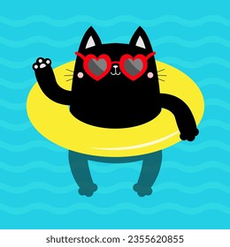 Hallo Sommer. Schwarzes Kätzchen, das auf gelbem Pool schwimmt Wasserkreis. Hand drucken. Schwimmbad Meerwasser. Herz-Sonnenbrille. Lifebuoy. Cute Cartoon entspannende Figur Flaches Design Vektorgrafik