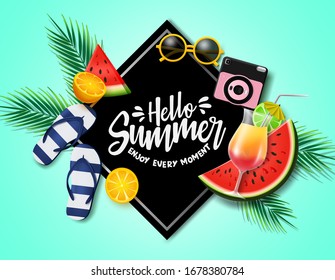 Hello summer in black frame vector banner template. Hello summer text with beach and tropical fruits element like flip flop, sunglasses, camera, water melon, calamansi and orange in green background. 