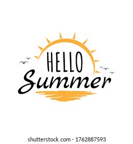 Hello summer black lettering with orange sun and sea wave icons symbol holiday vector illustration background illustration