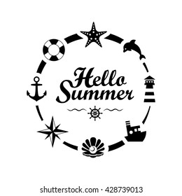 Hello Summer black lettering with some sea symbols isolated on white background. Vector illustration