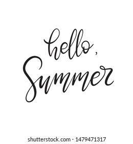 Hello summer black and white lettering vector illustration with calligraphy style phrase. Handwritten text for fabric print, logo, poster, card, template. EPS10
