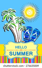 Hello Summer! Blue background with palm trees, sun and place for your text. Vector Illustration