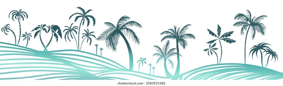 Hello summer . Blue palm trees horizontal background. Not AI, Vector illustration.