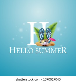 Hello summer, blue postcard with flip flops, pearl and palm leaves