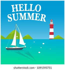 Hello Summer Blue Sea Sailboat Lighthouse Background Vector Image
