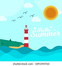 Hello Summer Blue Wave Lighthouse Sun Bird Background Vector Image
