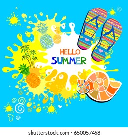 Hello Summer. Blue and yellow background with flip-flops, Pineapple, palm tree, shell and text Hello summer. Vector illustration