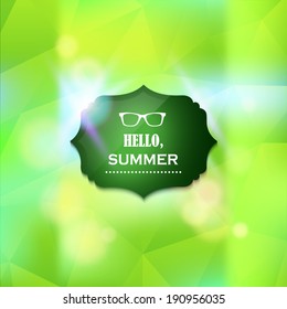 Hello summer blurred green background with shiny label