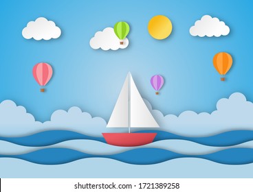 hello summer. boat with balloon. beach landscape background. paper art style. vector Illustration.