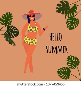 Hello summer. Body positive concept. Cute plus size girl in bikini. Vector illustration.