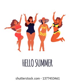 Hello summer. Body positive concept. Cute plus size girls in swimsuit. Vector illustration.
