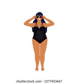Hello summer. Body positive concept. Cute plus size girl in bikini. Vector illustration.