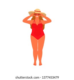 Hello summer. Body positive concept. Cute plus size girl in bikini. Vector illustration.