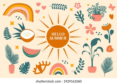 Hello summer boho abstract set of objects with tropical palm leaves and fruits, rainbow. Summer creative contemporary aesthetic doodle elements. Vector illustration