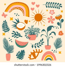 Hola verano boho conjunto abstracto de objetos con hojas y frutas tropicales de palma, arcoiris. Elementos de doodle estéticos contemporáneos creativos de verano. Ilustración vectorial.