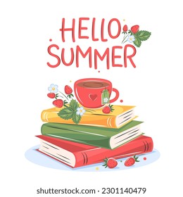 Hello summer. Books, cup tea with with strawberry on white background. Design for greeting card, Sale or promotional poster. Vector illustration
