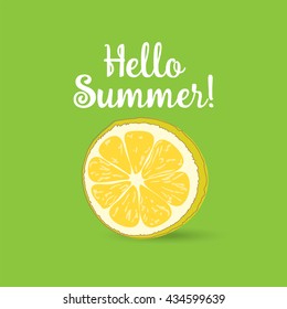 Hello Summer border of set fruit Inscription strawberry, watermelon, lemon. Vector collection summer fruit on yellow background. Simple color illustration. Schematic organic picture.