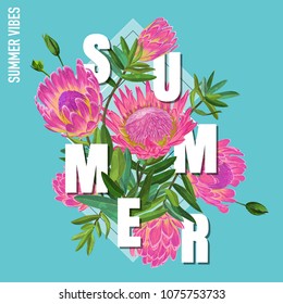 Hello Summer Botanical Tropical Design. Floral Vintage Background with Pink Protea Flowers for Prints, Posters, T-shirt, Flyer, Sale Banner. Vector illustration