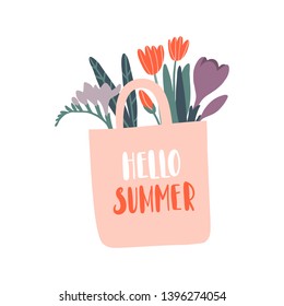 Hello Summer. Bouquet Of Flowers In Pink Shopping Bag. Beautiful Hand Drawn Floral Card. Print Or Poster With Hand Written Text. Vector Lettering Illustration. Summer Accessory For Woman, Girl