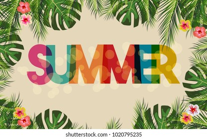 Hello Summer brand texture with botanical flora and palm leaves. Vector illustration.EPS 10